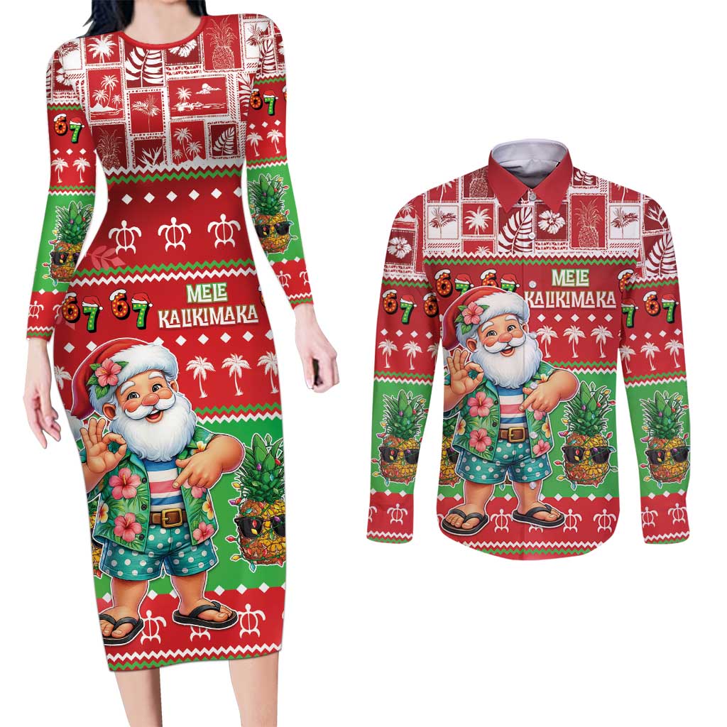 Mele Kalikimaka Hawaii Christmas Couples Matching Long Sleeve Bodycon Dress and Long Sleeve Button Shirt Funny Santa 67 Gen Alpha Slang - Polynesian Pride
