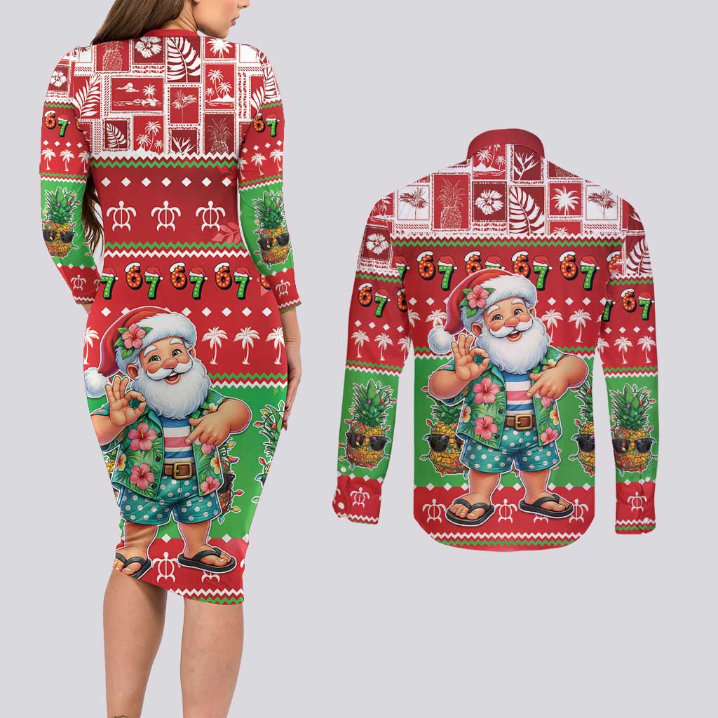 Mele Kalikimaka Hawaii Christmas Couples Matching Long Sleeve Bodycon Dress and Long Sleeve Button Shirt Funny Santa 67 Gen Alpha Slang - Polynesian Pride