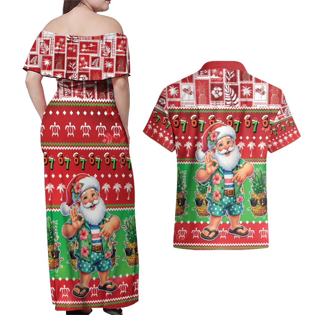 Mele Kalikimaka Hawaii Christmas Couples Matching Off Shoulder Maxi Dress and Hawaiian Shirt Funny Santa 67 Gen Alpha Slang - Polynesian Pride