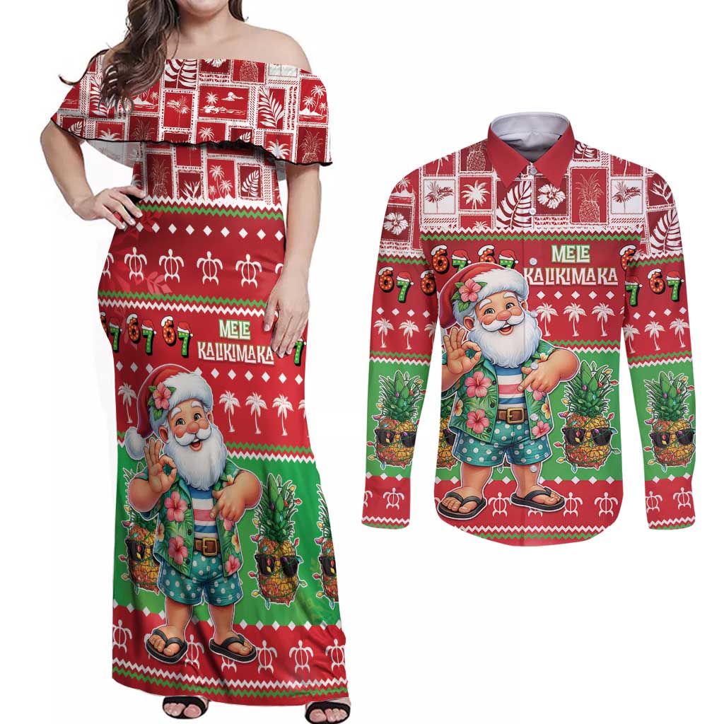 Mele Kalikimaka Hawaii Christmas Couples Matching Off Shoulder Maxi Dress and Long Sleeve Button Shirt Funny Santa 67 Gen Alpha Slang - Polynesian Pride