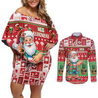 Mele Kalikimaka Hawaii Christmas Couples Matching Off Shoulder Short Dress and Long Sleeve Button Shirt Funny Santa 67 Gen Alpha Slang - Polynesian Pride