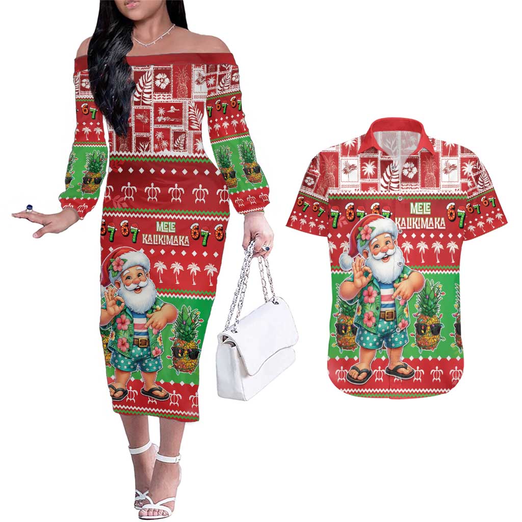 Mele Kalikimaka Hawaii Christmas Couples Matching Off The Shoulder Long Sleeve Dress and Hawaiian Shirt Funny Santa 67 Gen Alpha Slang - Polynesian Pride