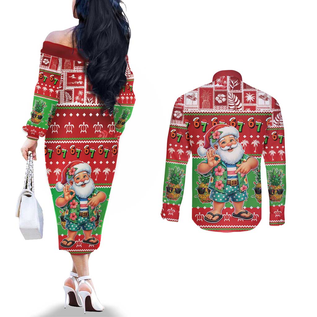 Mele Kalikimaka Hawaii Christmas Couples Matching Off The Shoulder Long Sleeve Dress and Long Sleeve Button Shirt Funny Santa 67 Gen Alpha Slang - Polynesian Pride
