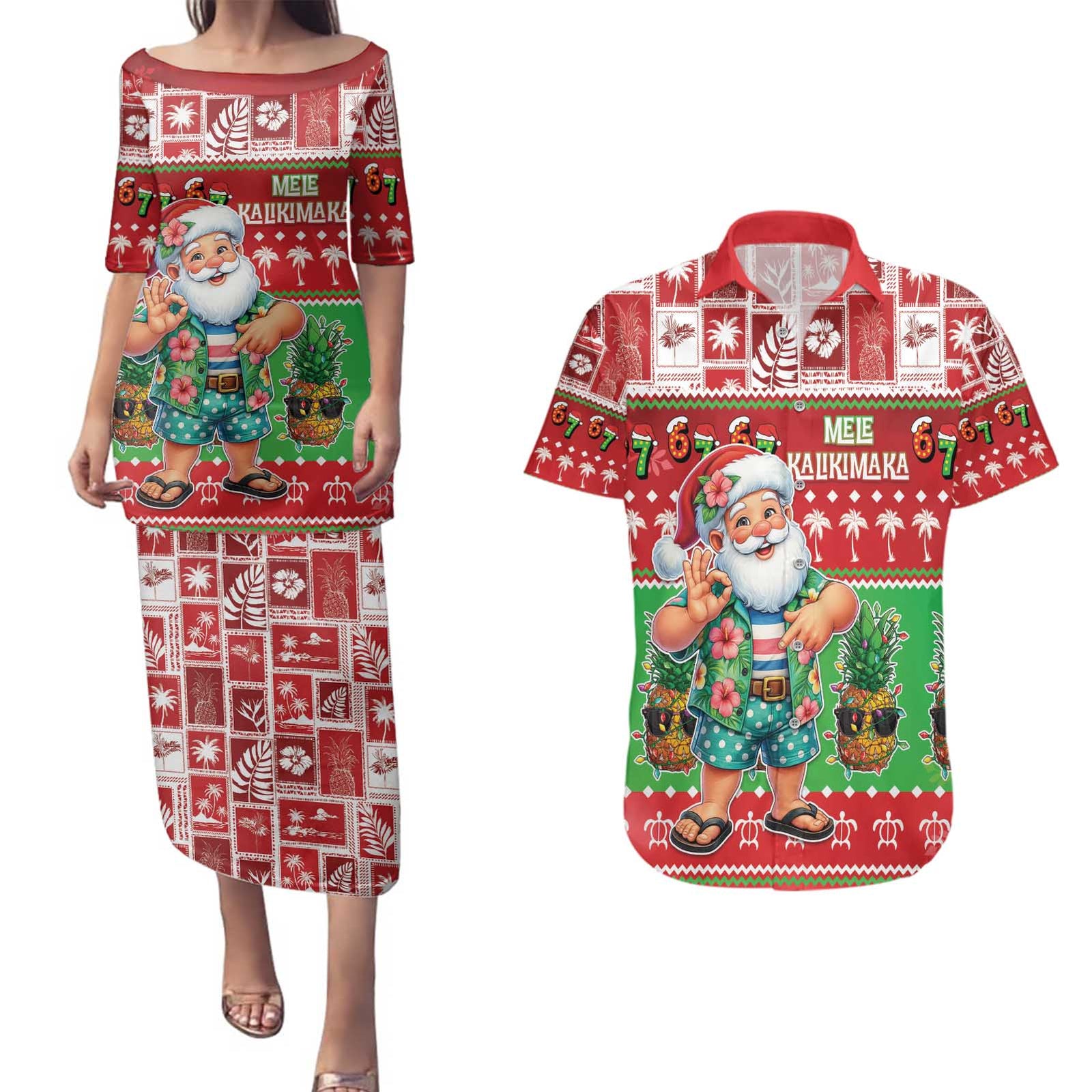 Mele Kalikimaka Hawaii Christmas Couples Matching Puletasi and Hawaiian Shirt Funny Santa 67 Gen Alpha Slang - Polynesian Pride