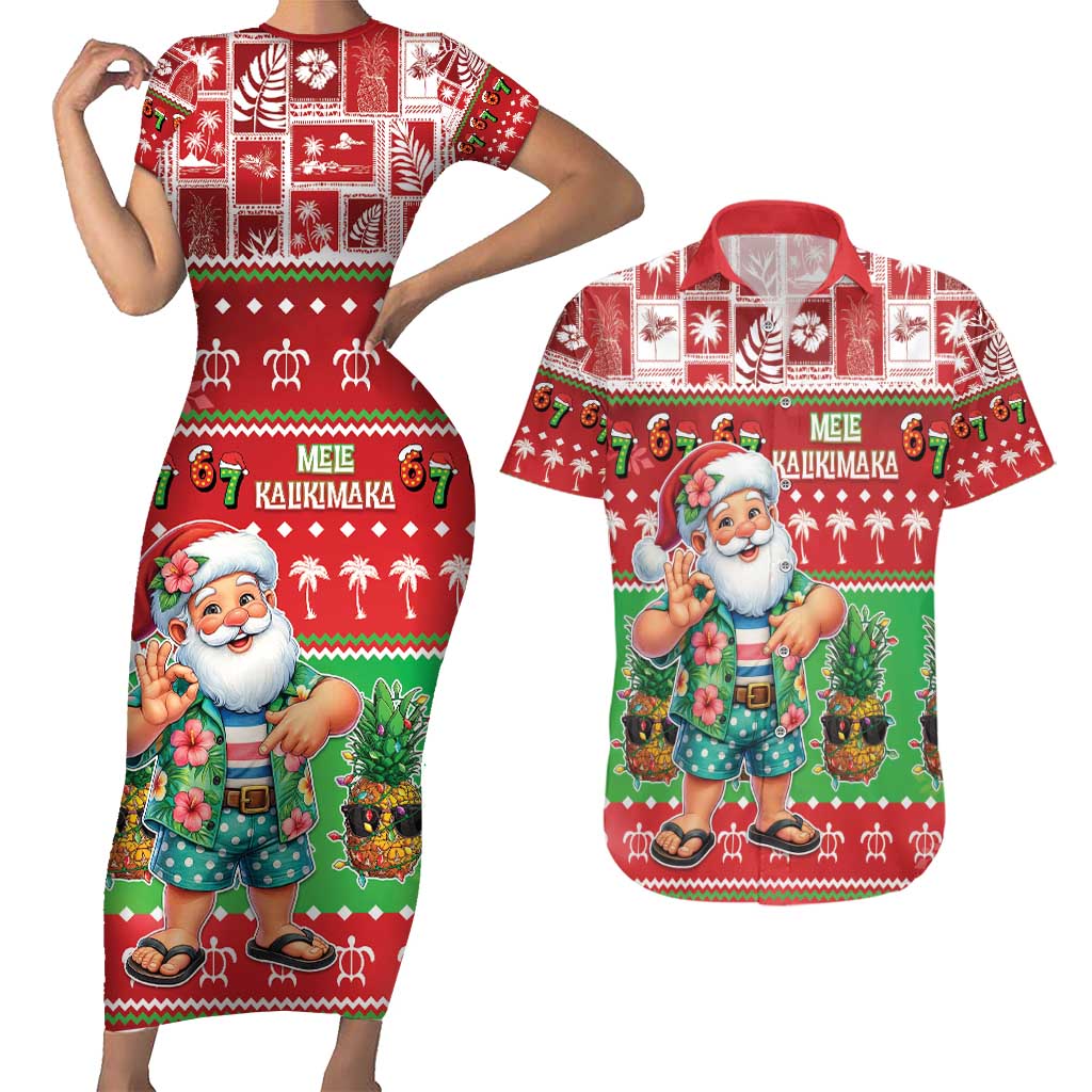 Mele Kalikimaka Hawaii Christmas Couples Matching Short Sleeve Bodycon Dress and Hawaiian Shirt Funny Santa 67 Gen Alpha Slang - Polynesian Pride