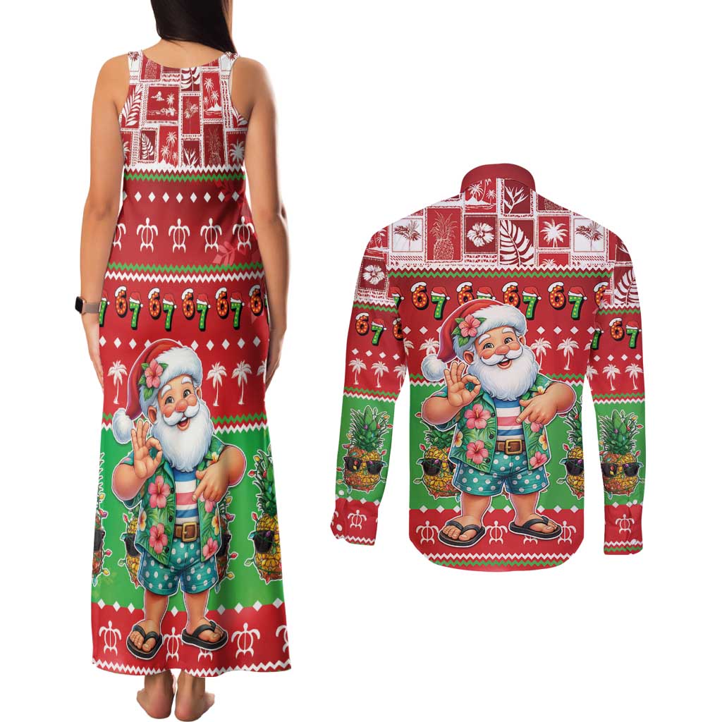 Mele Kalikimaka Hawaii Christmas Couples Matching Tank Maxi Dress and Long Sleeve Button Shirt Funny Santa 67 Gen Alpha Slang - Polynesian Pride