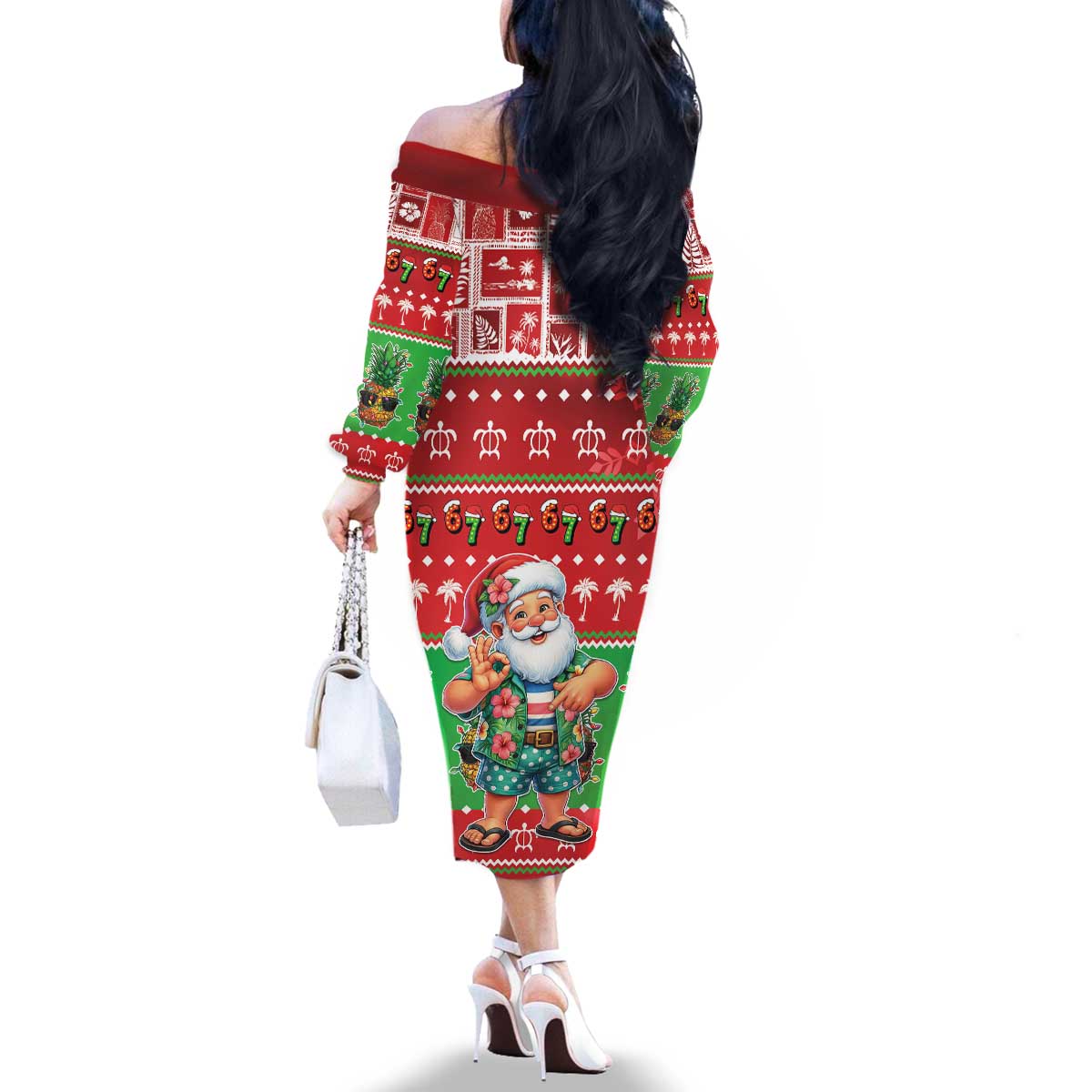 Mele Kalikimaka Hawaii Christmas Family Matching Off The Shoulder Long Sleeve Dress and Hawaiian Shirt Funny Santa 67 Gen Alpha Slang - Polynesian Pride