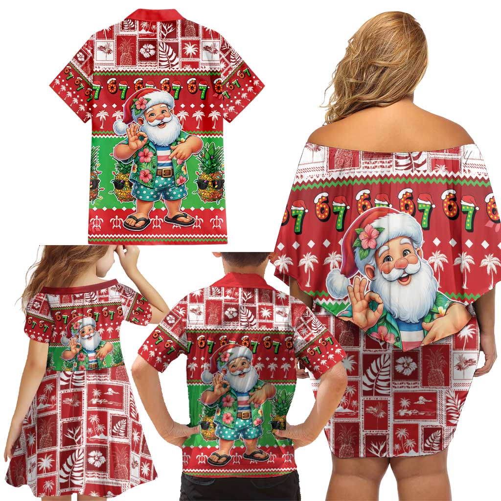 Mele Kalikimaka Hawaii Christmas Family Matching Off Shoulder Short Dress and Hawaiian Shirt Funny Santa 67 Gen Alpha Slang - Polynesian Pride