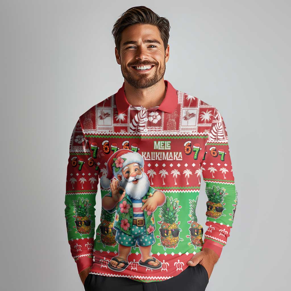 Mele Kalikimaka Hawaii Christmas Long Sleeve Polo Shirt Funny Santa 67 Gen Alpha Slang - Polynesian Pride