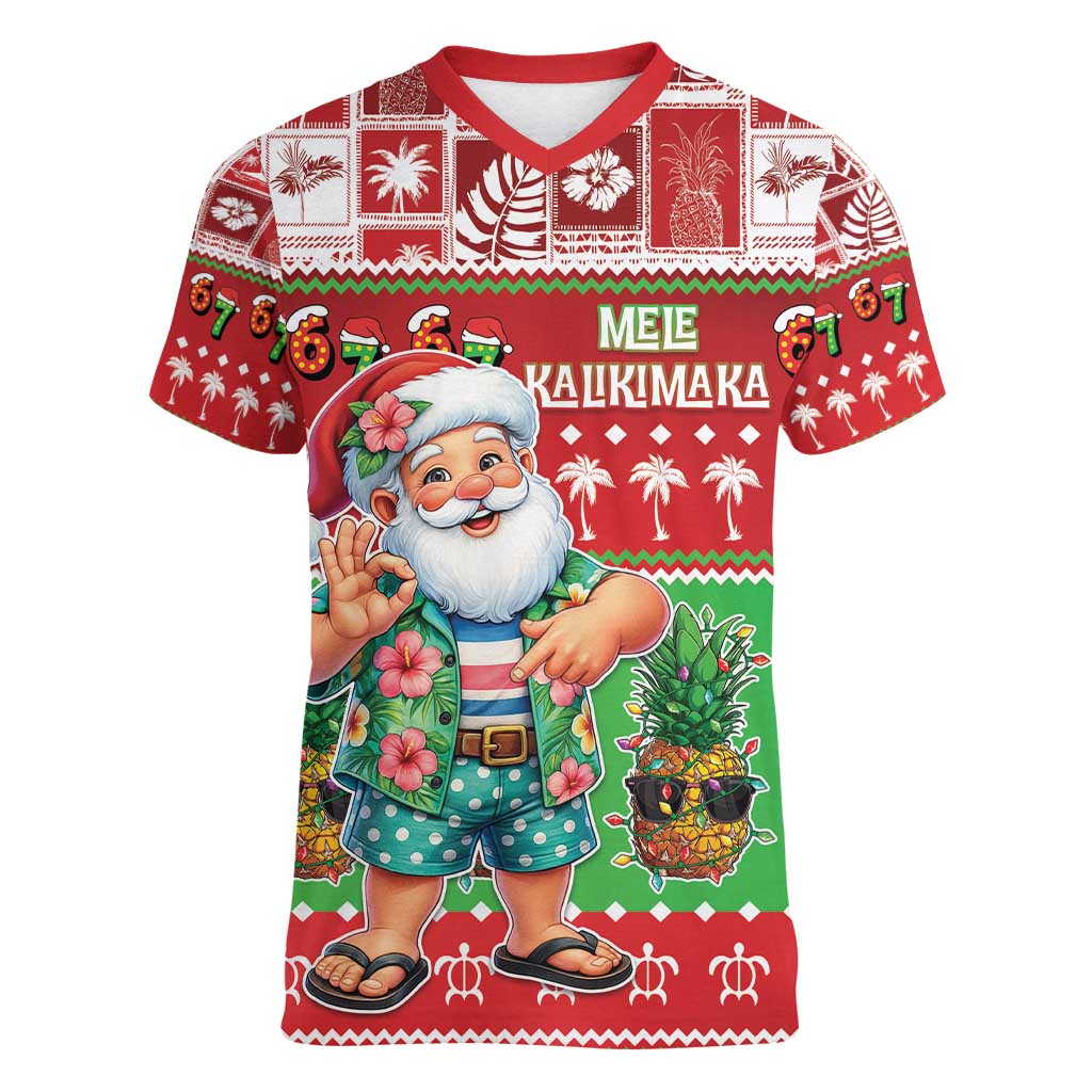 Mele Kalikimaka Hawaii Christmas Women V-Neck T-Shirt Funny Santa 67 Gen Alpha Slang - Polynesian Pride