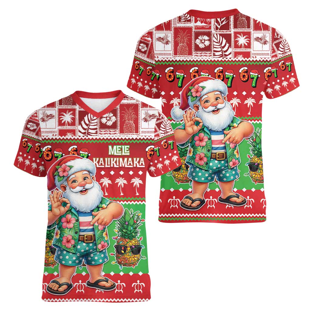 Mele Kalikimaka Hawaii Christmas Women V-Neck T-Shirt Funny Santa 67 Gen Alpha Slang - Polynesian Pride