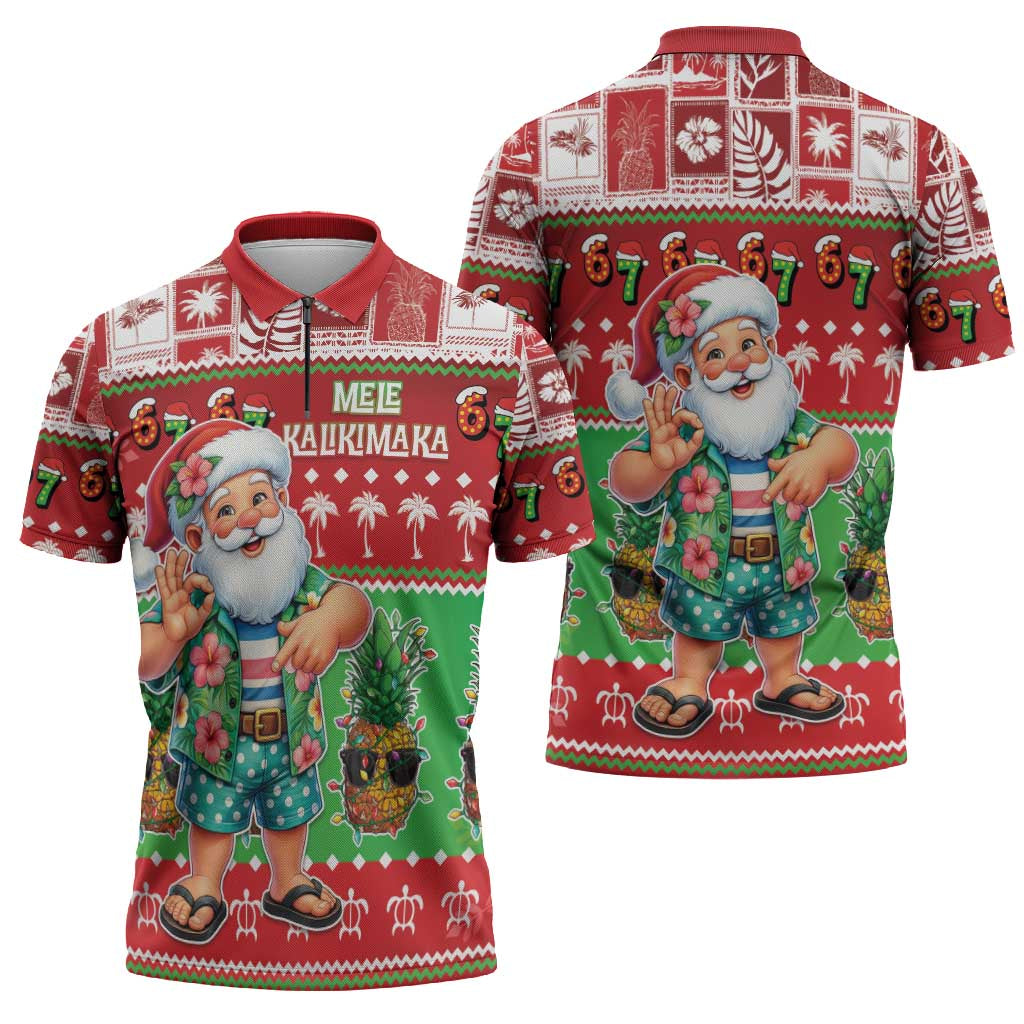Mele Kalikimaka Hawaii Christmas Zipper Polo Shirt Funny Santa 67 Gen Alpha Slang - Polynesian Pride