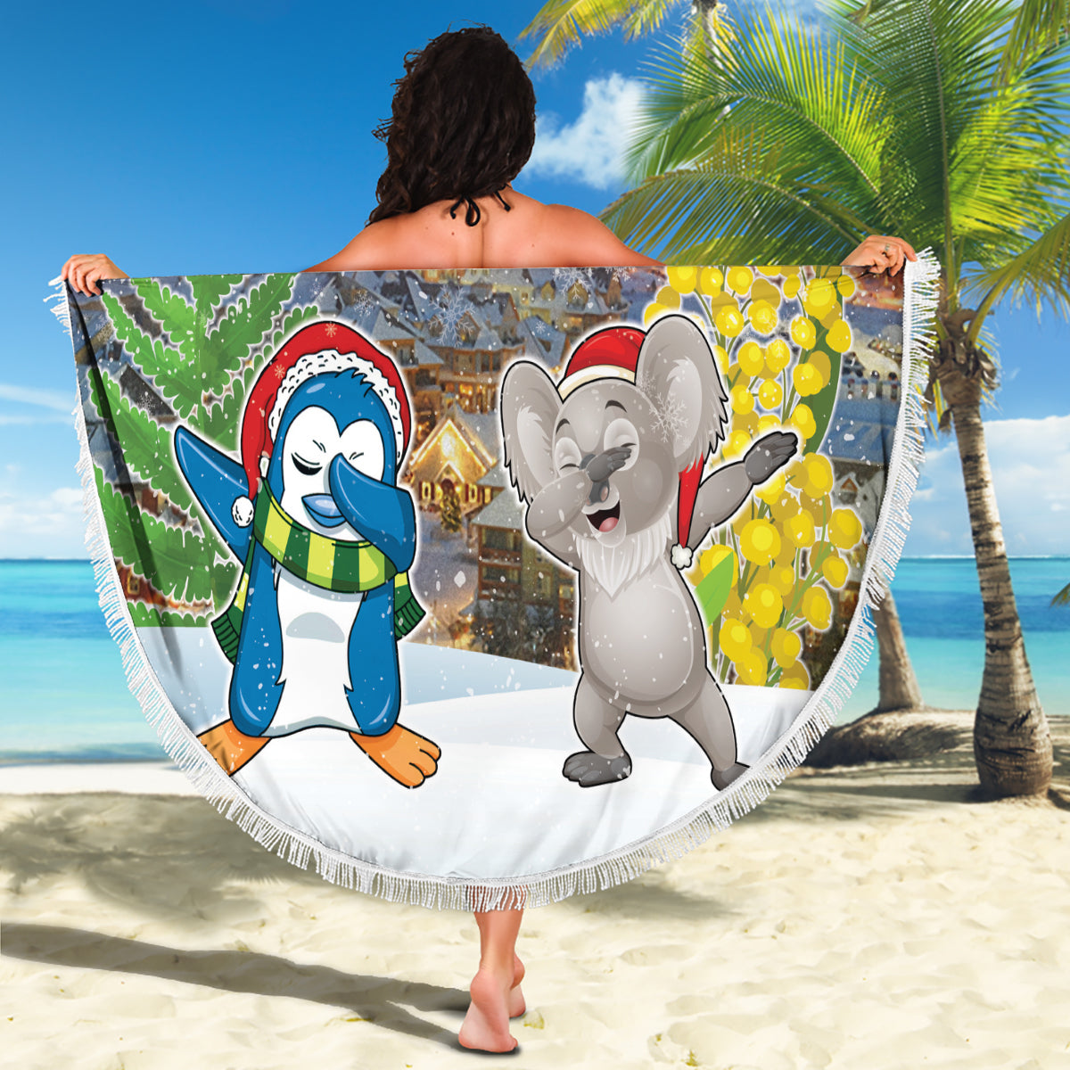 Christmas In July Beach Blanket Funny Dabbing Dance Koala And Blue Penguins