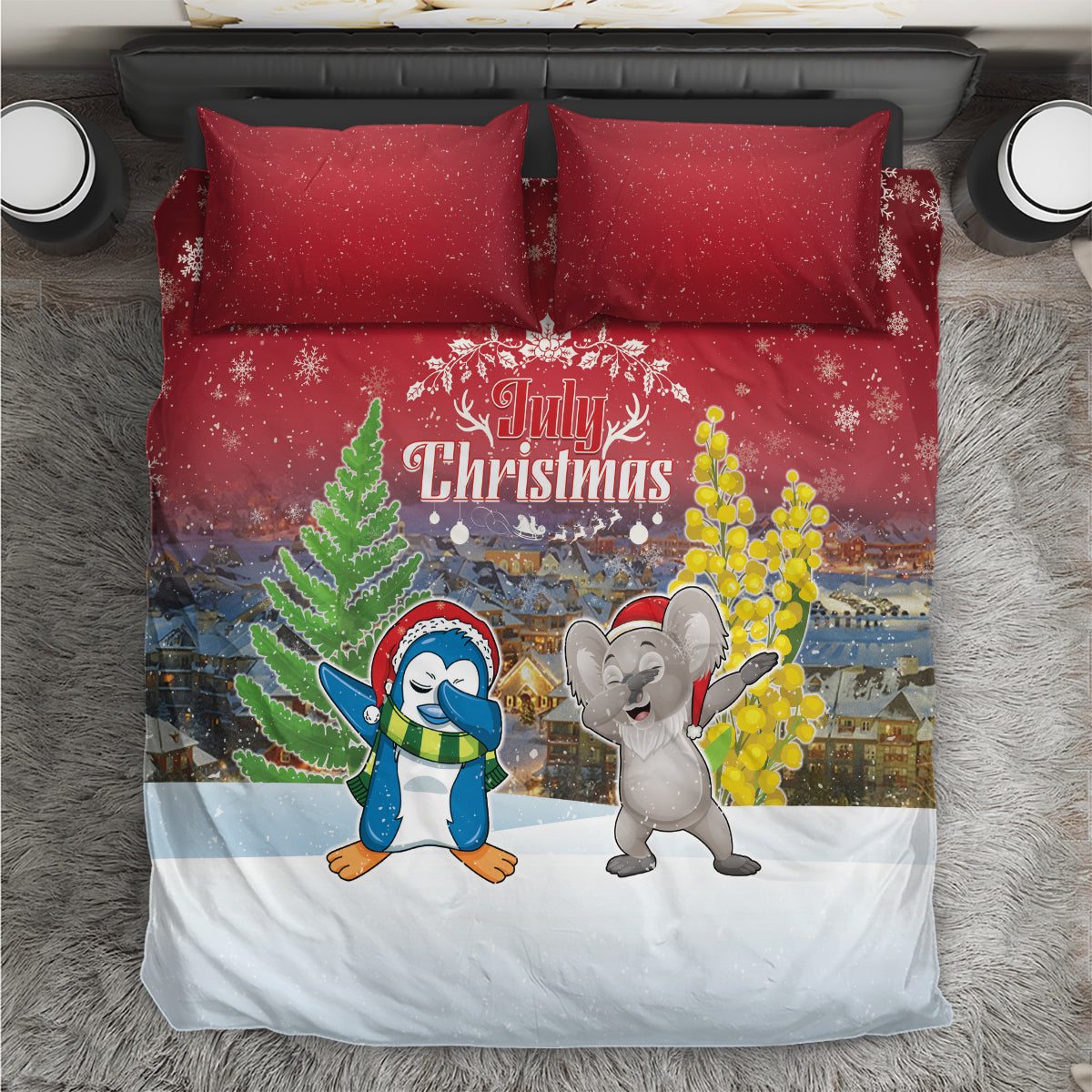 Christmas In July Bedding Set Funny Dabbing Dance Koala And Blue Penguins