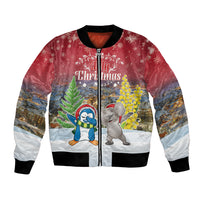 Personalised Christmas In July Bomber Jacket Funny Dabbing Dance Koala And Blue Penguins