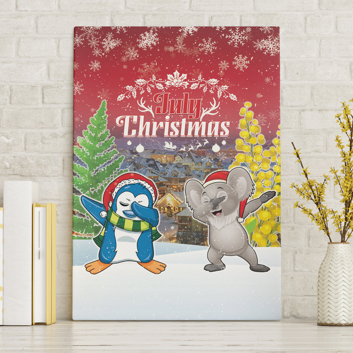 Christmas In July Canvas Wall Art Funny Dabbing Dance Koala And Blue Penguins