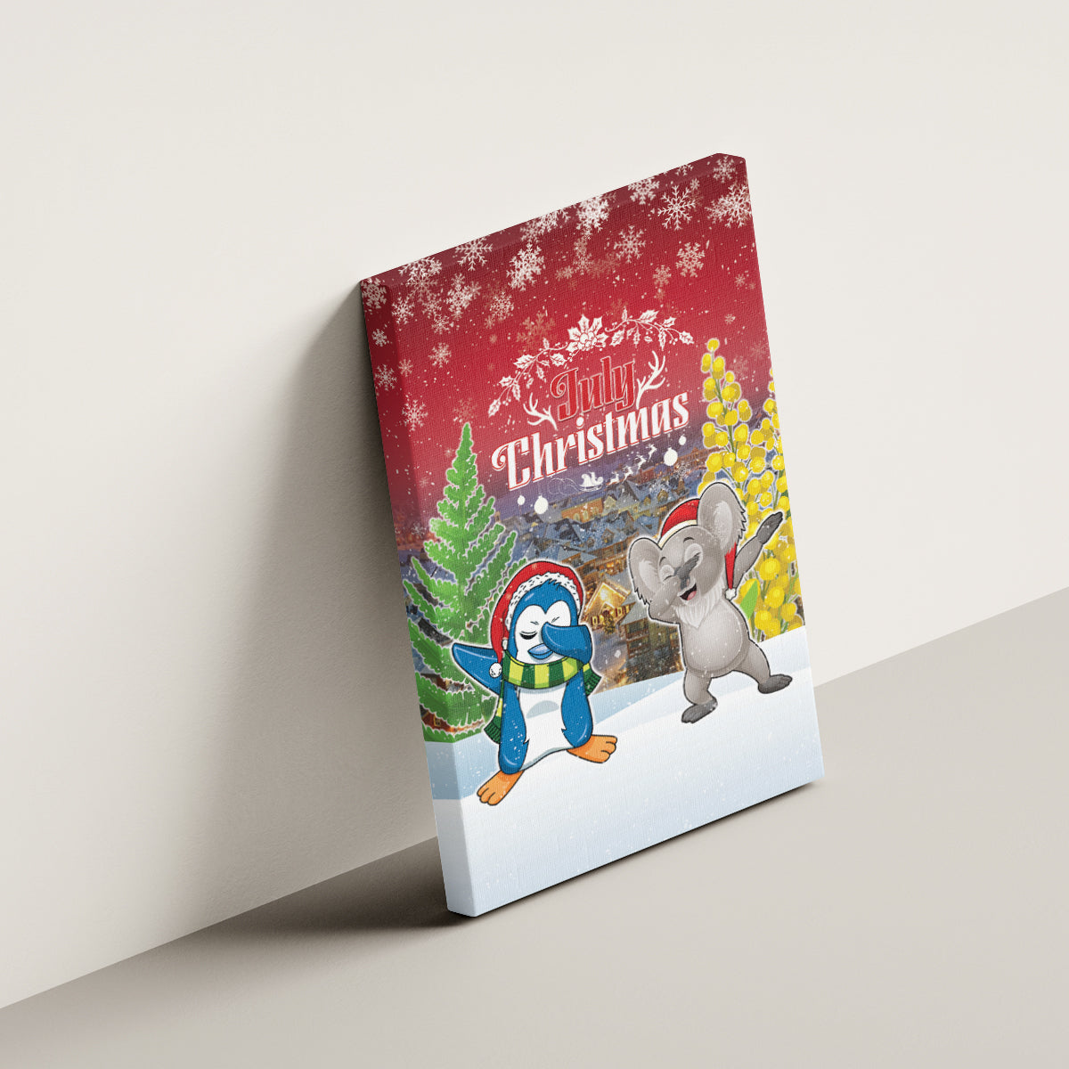 Christmas In July Canvas Wall Art Funny Dabbing Dance Koala And Blue Penguins