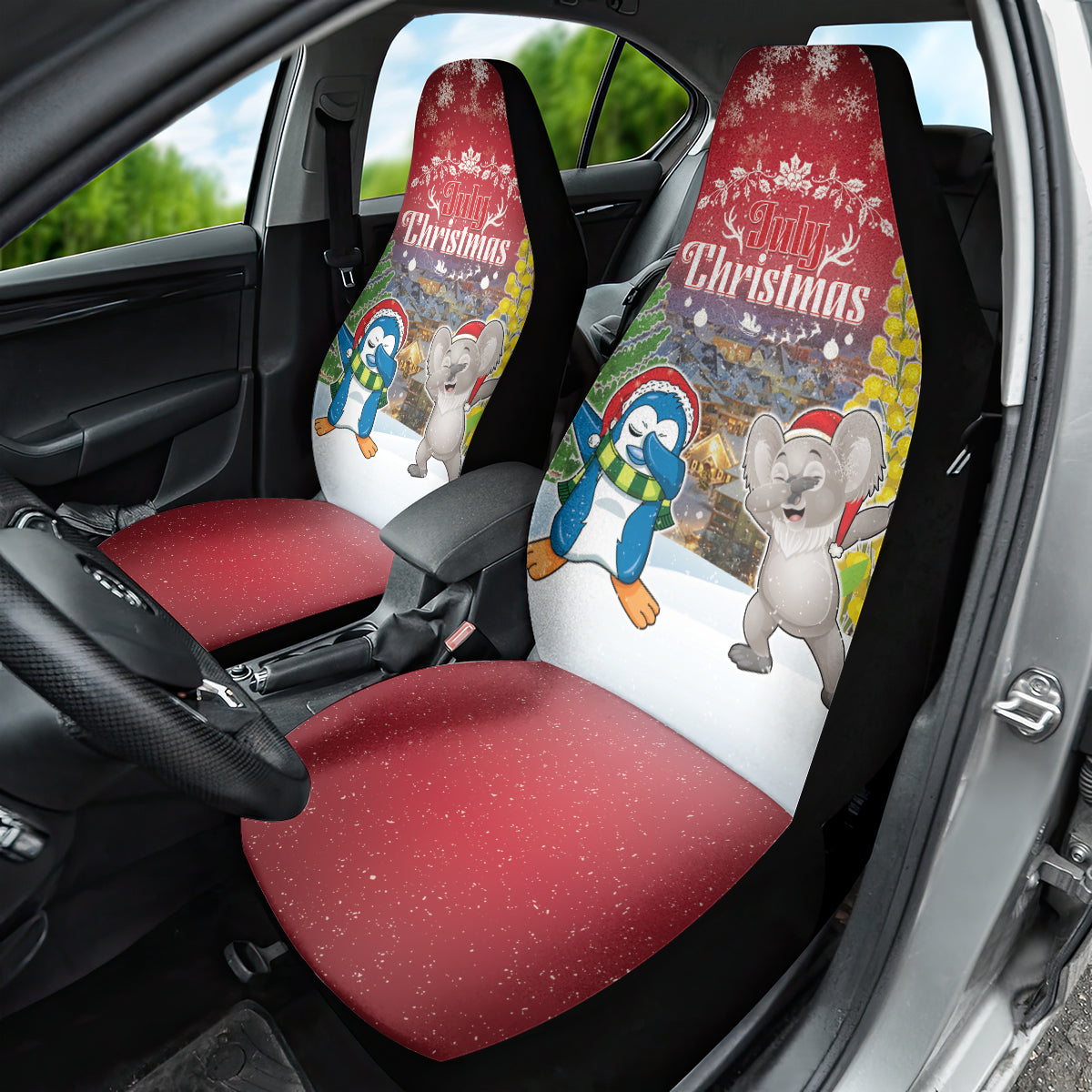 Christmas In July Car Seat Cover Funny Dabbing Dance Koala And Blue Penguins