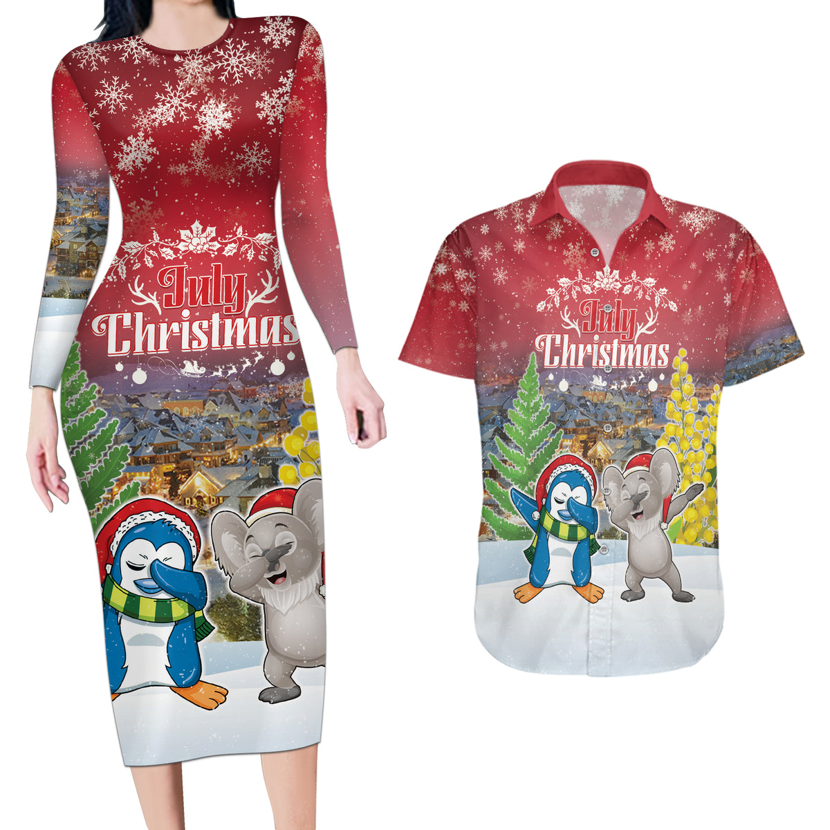 Personalised Christmas In July Couples Matching Long Sleeve Bodycon Dress and Hawaiian Shirt Funny Dabbing Dance Koala And Blue Penguins LT05 Red - Polynesian Pride