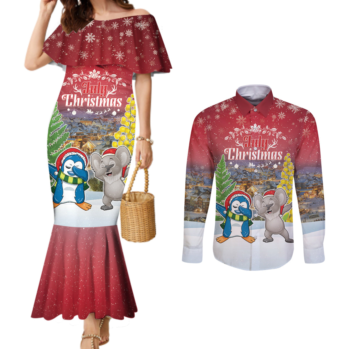 Personalised Christmas In July Couples Matching Mermaid Dress and Long Sleeve Button Shirt Funny Dabbing Dance Koala And Blue Penguins