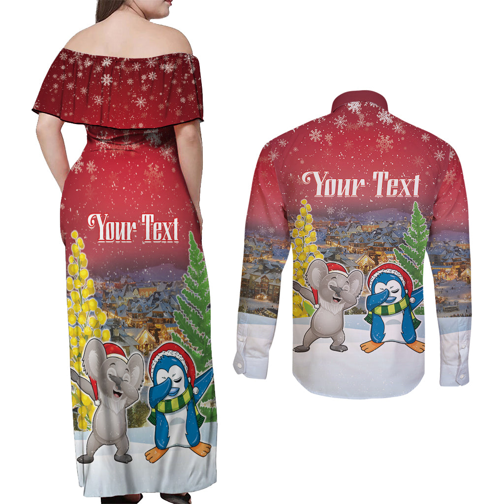 Personalised Christmas In July Couples Matching Off Shoulder Maxi Dress and Long Sleeve Button Shirt Funny Dabbing Dance Koala And Blue Penguins