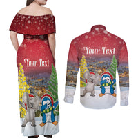 Personalised Christmas In July Couples Matching Off Shoulder Maxi Dress and Long Sleeve Button Shirt Funny Dabbing Dance Koala And Blue Penguins