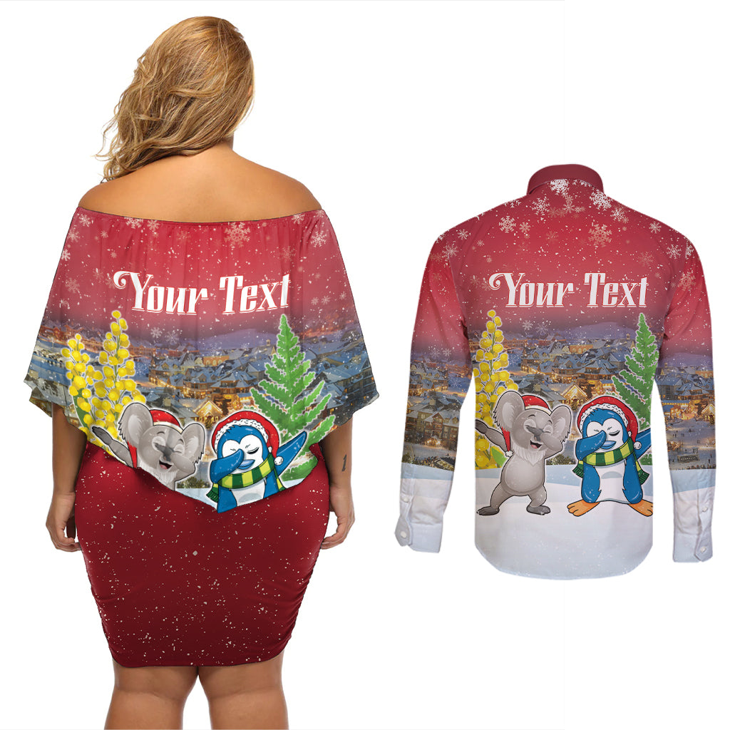 Personalised Christmas In July Couples Matching Off Shoulder Short Dress and Long Sleeve Button Shirt Funny Dabbing Dance Koala And Blue Penguins