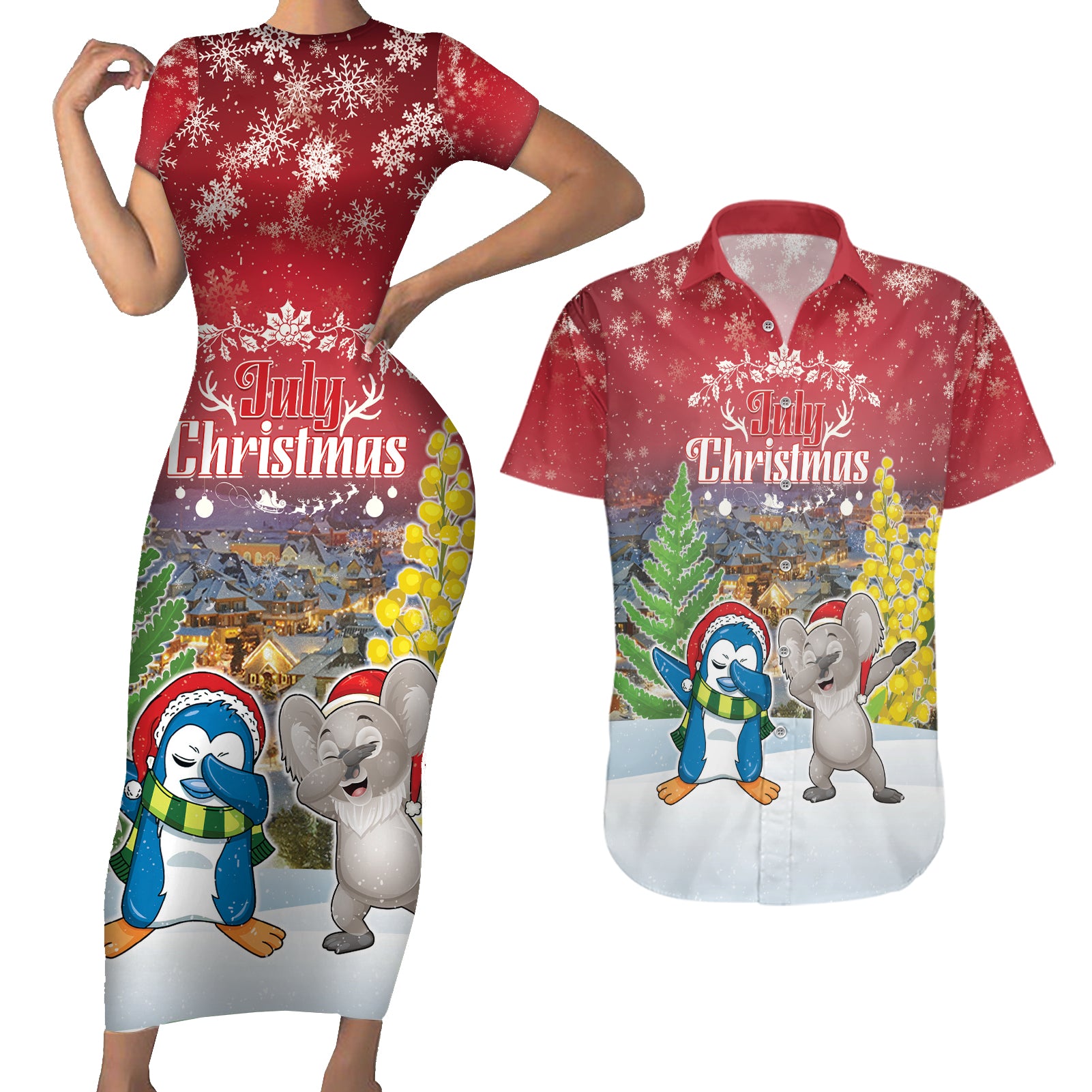 Personalised Christmas In July Couples Matching Short Sleeve Bodycon Dress and Hawaiian Shirt Funny Dabbing Dance Koala And Blue Penguins