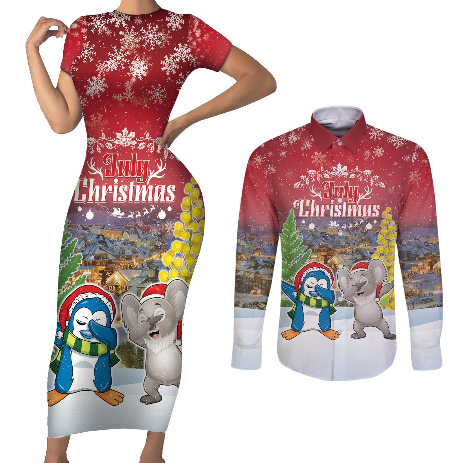 Personalised Christmas In July Couples Matching Short Sleeve Bodycon Dress and Long Sleeve Button Shirt Funny Dabbing Dance Koala And Blue Penguins
