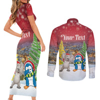 Personalised Christmas In July Couples Matching Short Sleeve Bodycon Dress and Long Sleeve Button Shirt Funny Dabbing Dance Koala And Blue Penguins