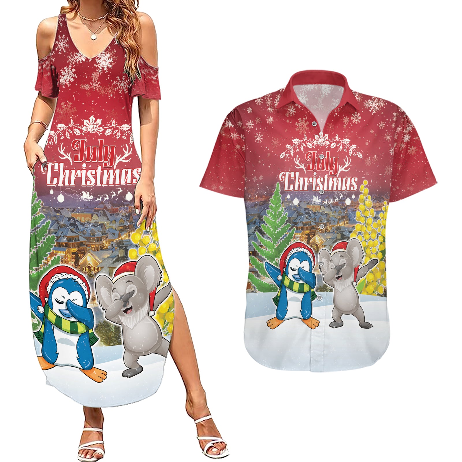 Personalised Christmas In July Couples Matching Summer Maxi Dress and Hawaiian Shirt Funny Dabbing Dance Koala And Blue Penguins