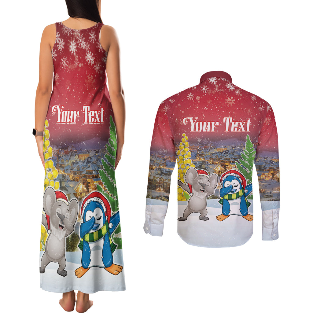 Personalised Christmas In July Couples Matching Tank Maxi Dress and Long Sleeve Button Shirt Funny Dabbing Dance Koala And Blue Penguins