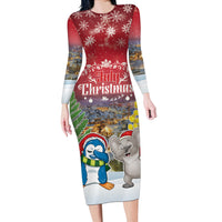 Personalised Christmas In July Long Sleeve Bodycon Dress Funny Dabbing Dance Koala And Blue Penguins LT05 Long Dress Red - Polynesian Pride
