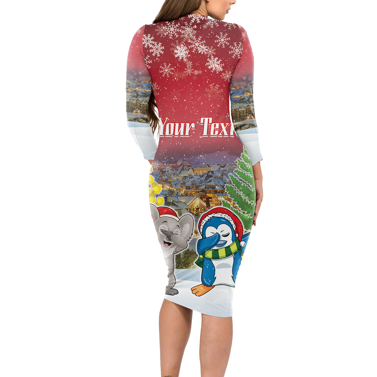Personalised Christmas In July Long Sleeve Bodycon Dress Funny Dabbing Dance Koala And Blue Penguins LT05 - Polynesian Pride