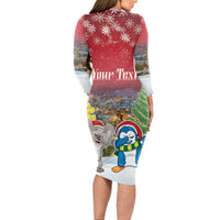 Personalised Christmas In July Long Sleeve Bodycon Dress Funny Dabbing Dance Koala And Blue Penguins LT05 - Polynesian Pride