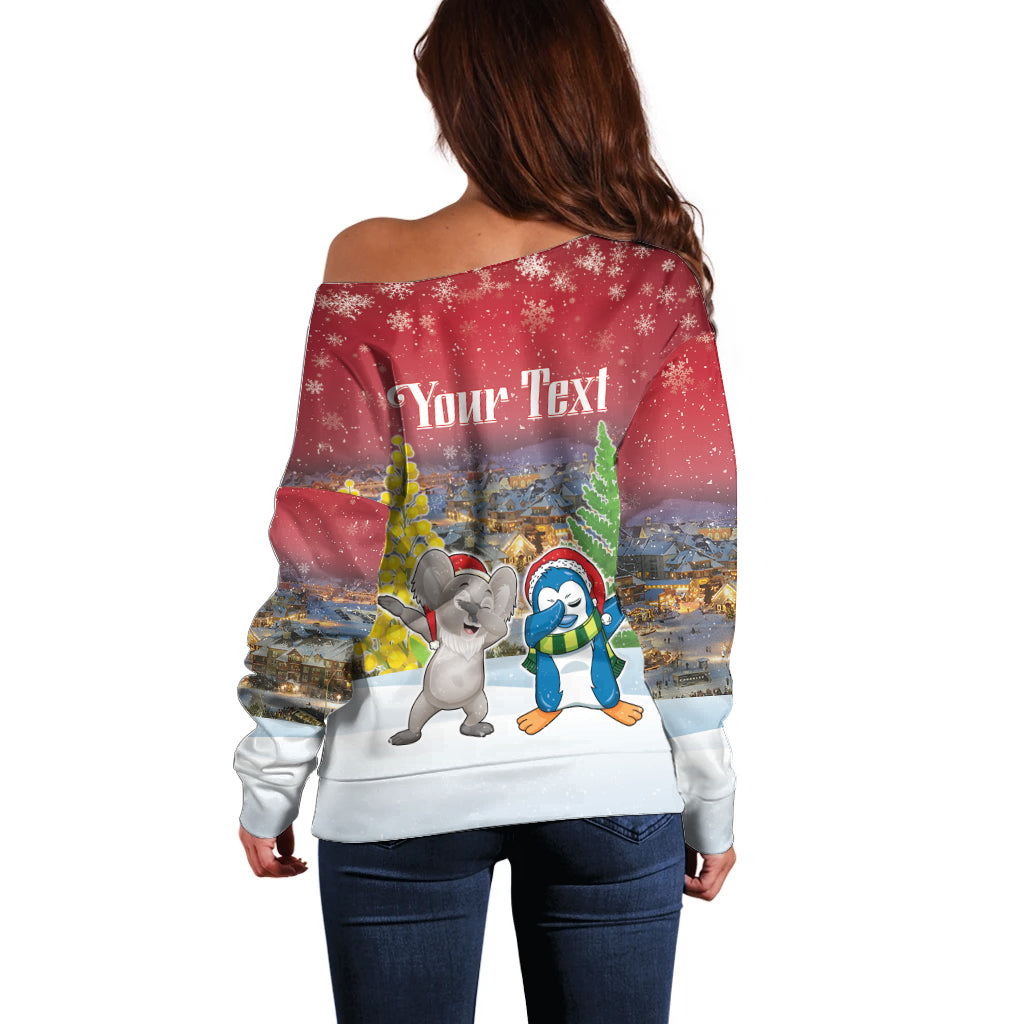 Personalised Christmas In July Off Shoulder Sweater Funny Dabbing Dance Koala And Blue Penguins