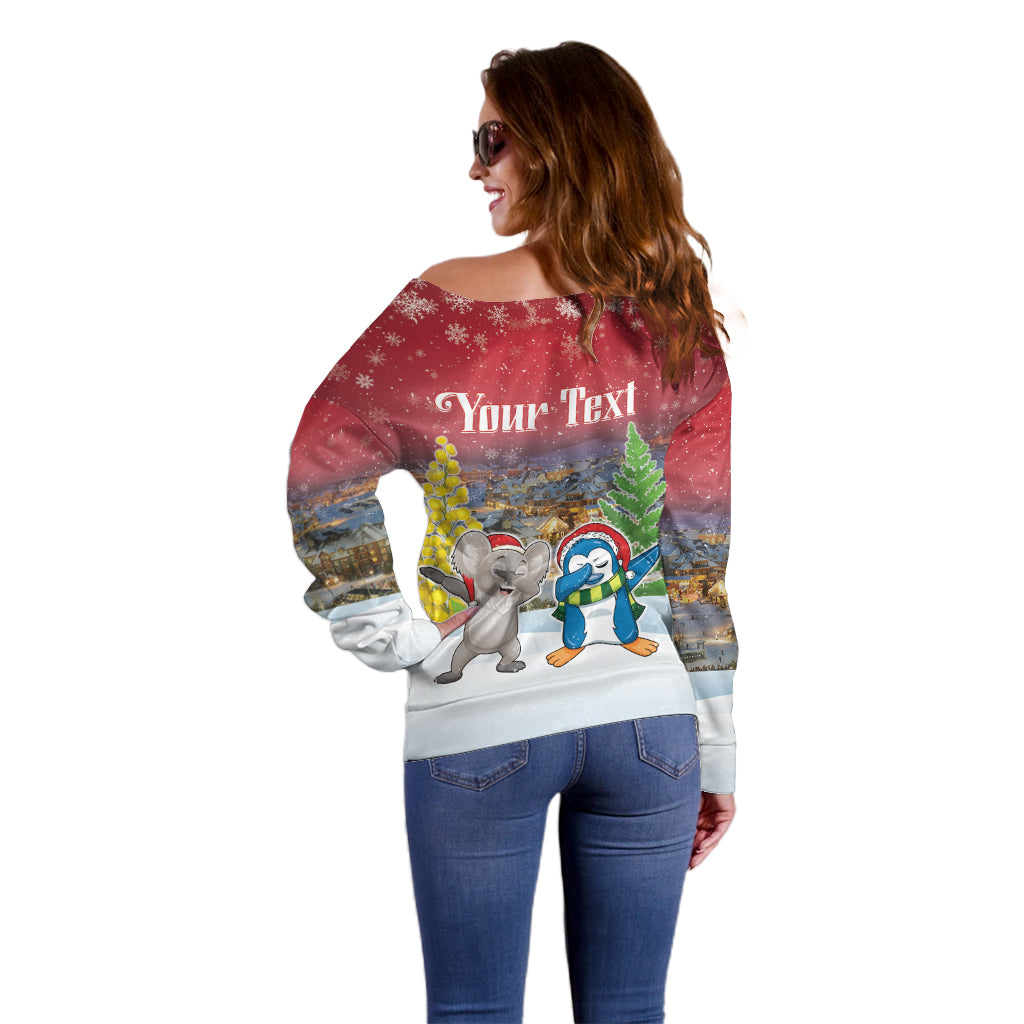 Personalised Christmas In July Off Shoulder Sweater Funny Dabbing Dance Koala And Blue Penguins
