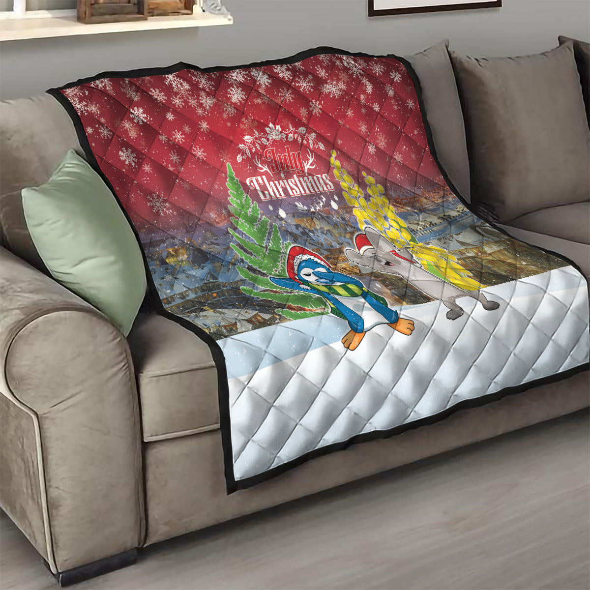 Christmas In July Quilt Funny Dabbing Dance Koala And Blue Penguins