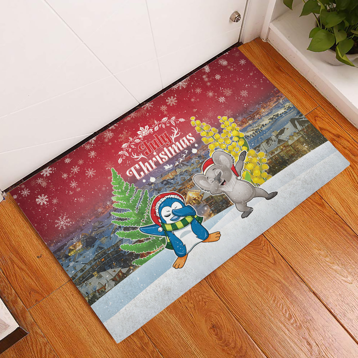 Christmas In July Rubber Doormat Funny Dabbing Dance Koala And Blue Penguins