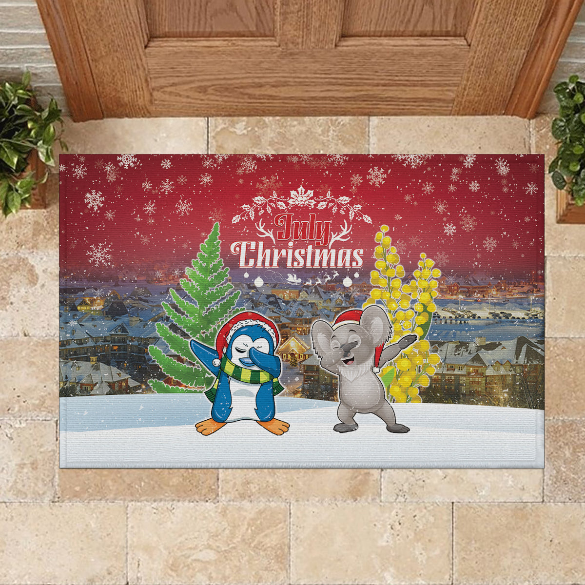 Christmas In July Rubber Doormat Funny Dabbing Dance Koala And Blue Penguins