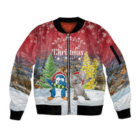 Personalised Christmas In July Sleeve Zip Bomber Jacket Funny Dabbing Dance Koala And Blue Penguins