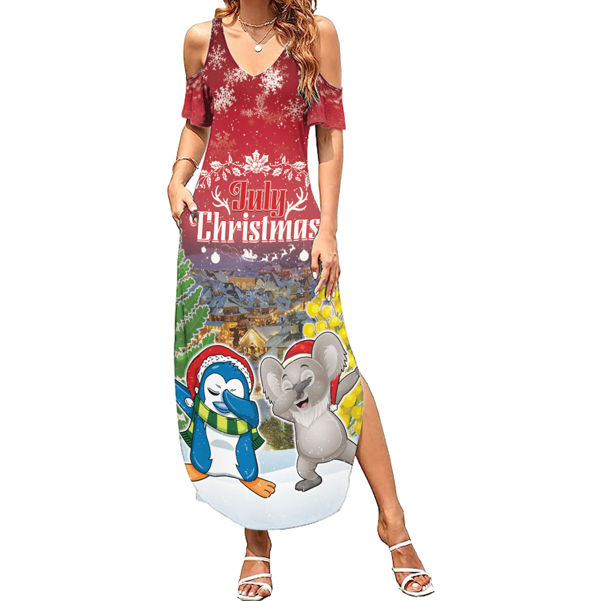 Personalised Christmas In July Summer Maxi Dress Funny Dabbing Dance Koala And Blue Penguins