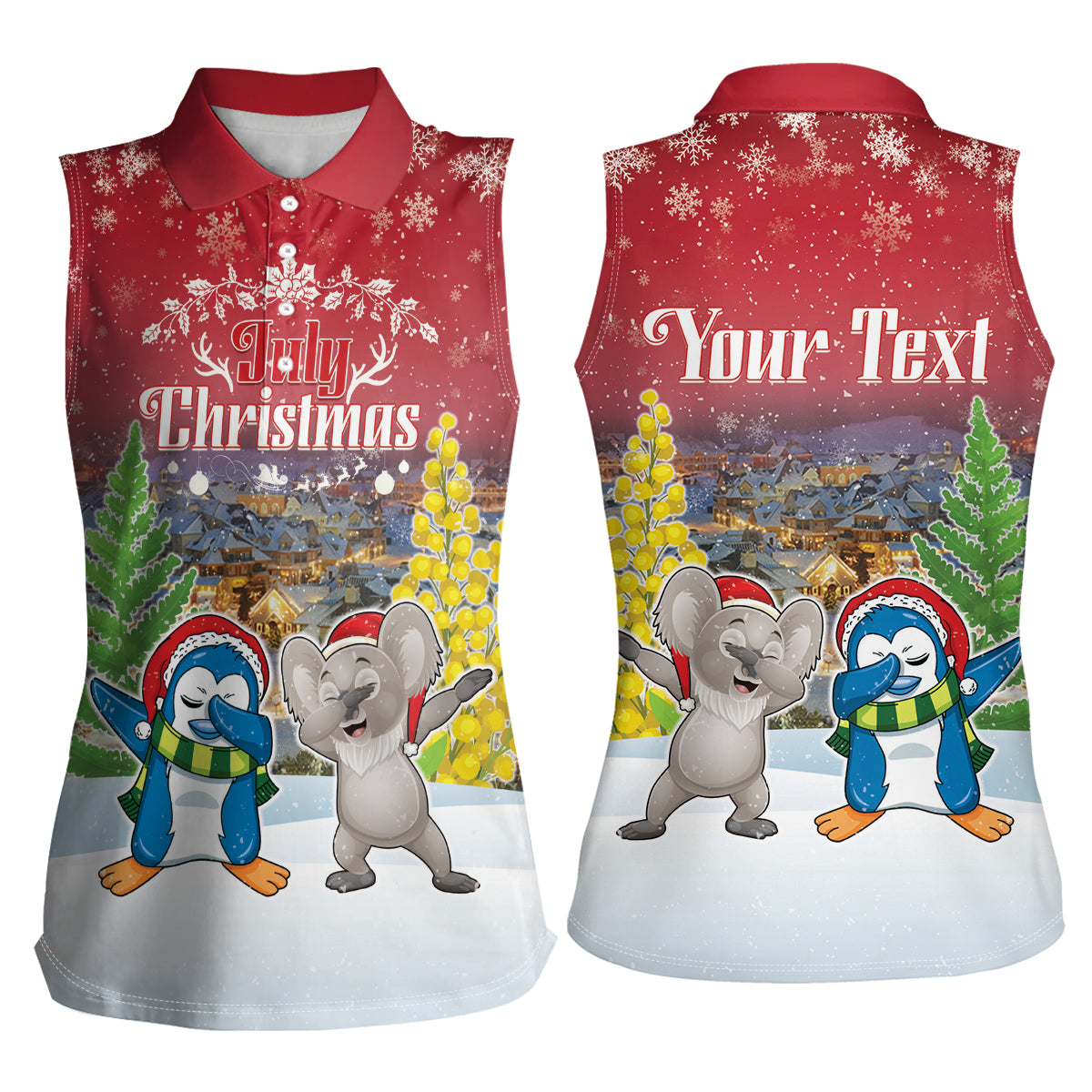 Personalised Christmas In July Women Sleeveless Polo Shirt Funny Dabbing Dance Koala And Blue Penguins