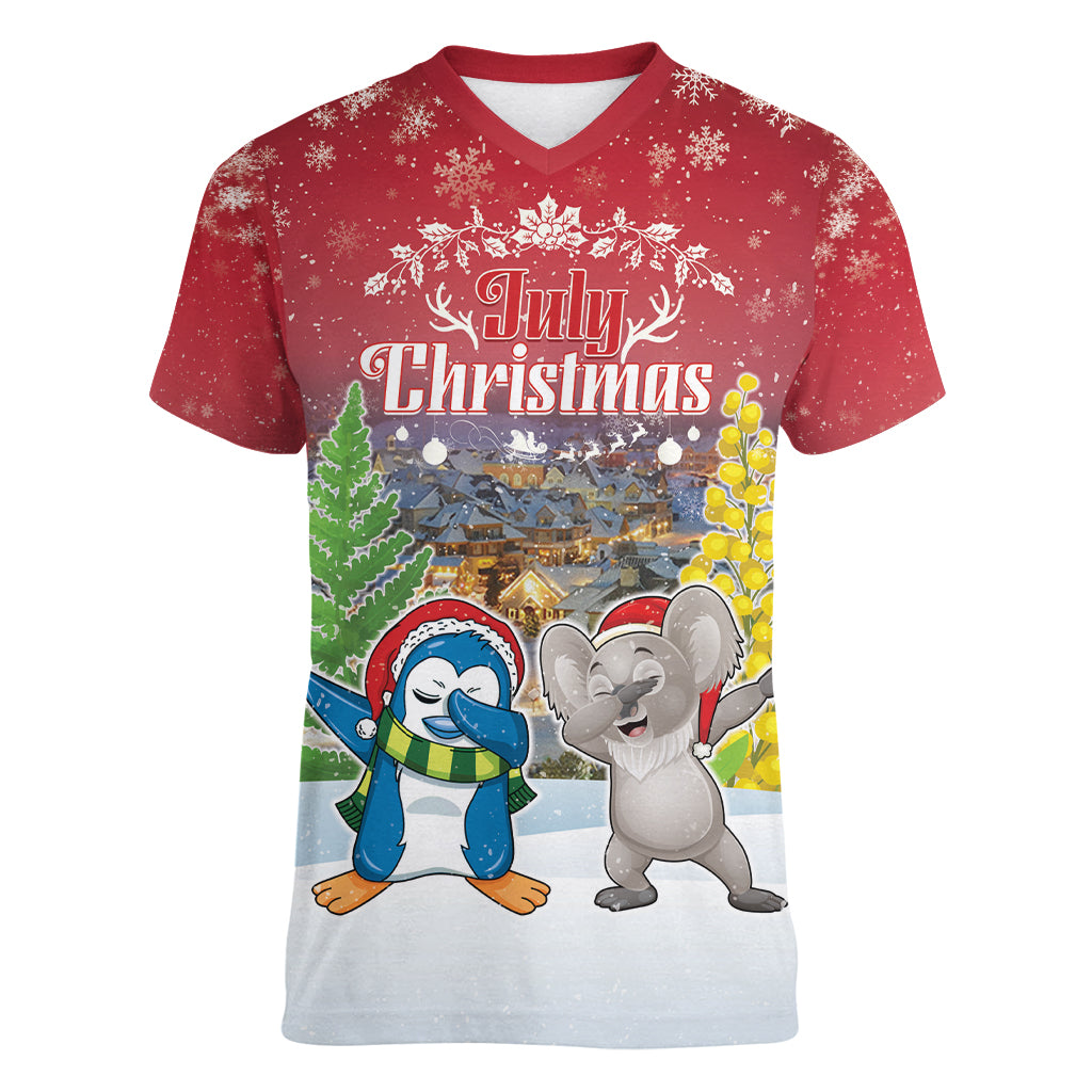 Personalised Christmas In July Women V-Neck T-Shirt Funny Dabbing Dance Koala And Blue Penguins