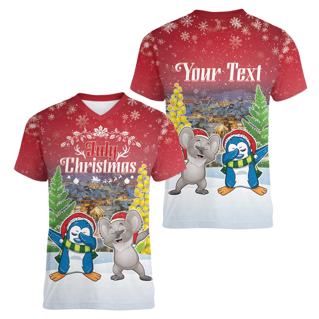 Personalised Christmas In July Women V-Neck T-Shirt Funny Dabbing Dance Koala And Blue Penguins