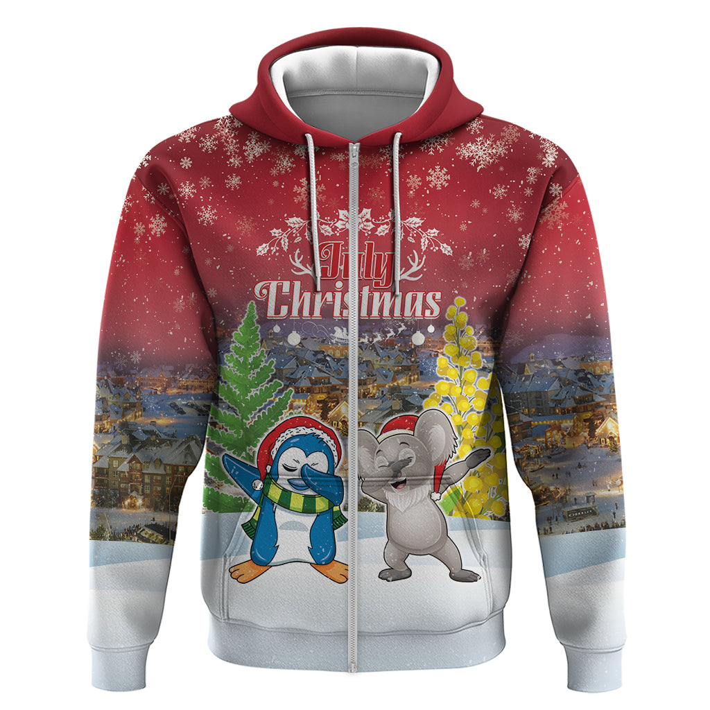 Personalised Christmas In July Zip Hoodie Funny Dabbing Dance Koala And Blue Penguins LT05 Zip Hoodie Red - Polynesian Pride