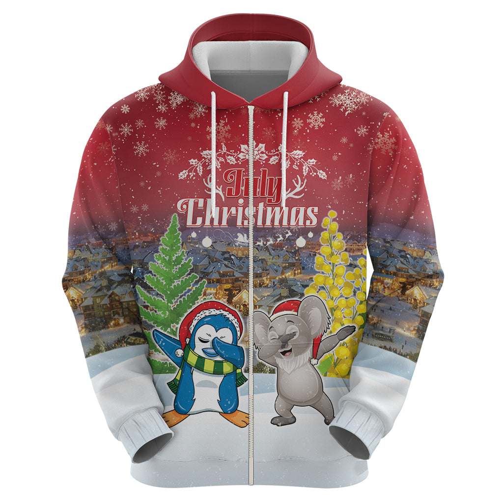 Personalised Christmas In July Zip Hoodie Funny Dabbing Dance Koala And Blue Penguins LT05 - Polynesian Pride