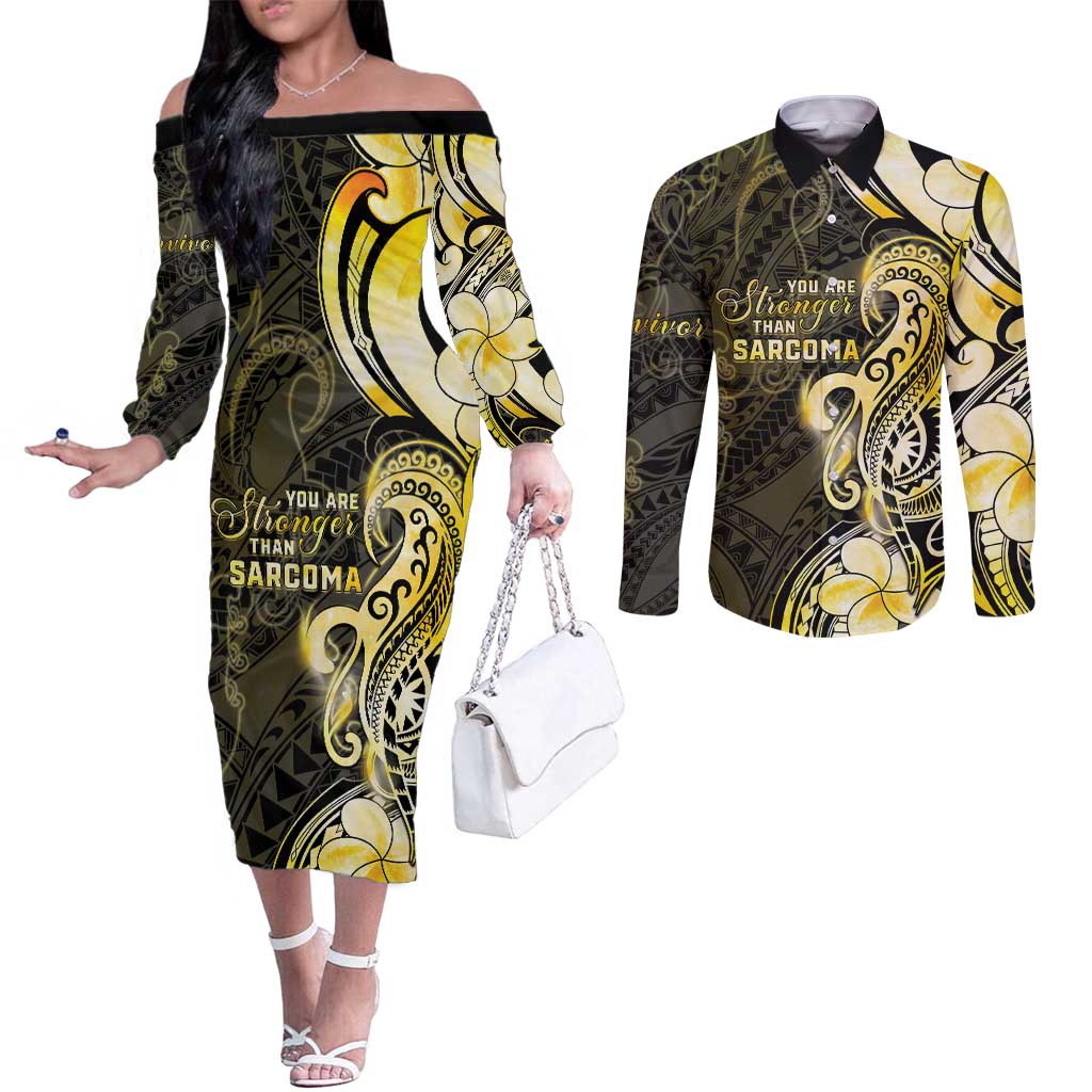 Sarcoma Awareness Couples Matching Off The Shoulder Long Sleeve Dress and Long Sleeve Button Shirt You Are Stronger Than Sarcoma