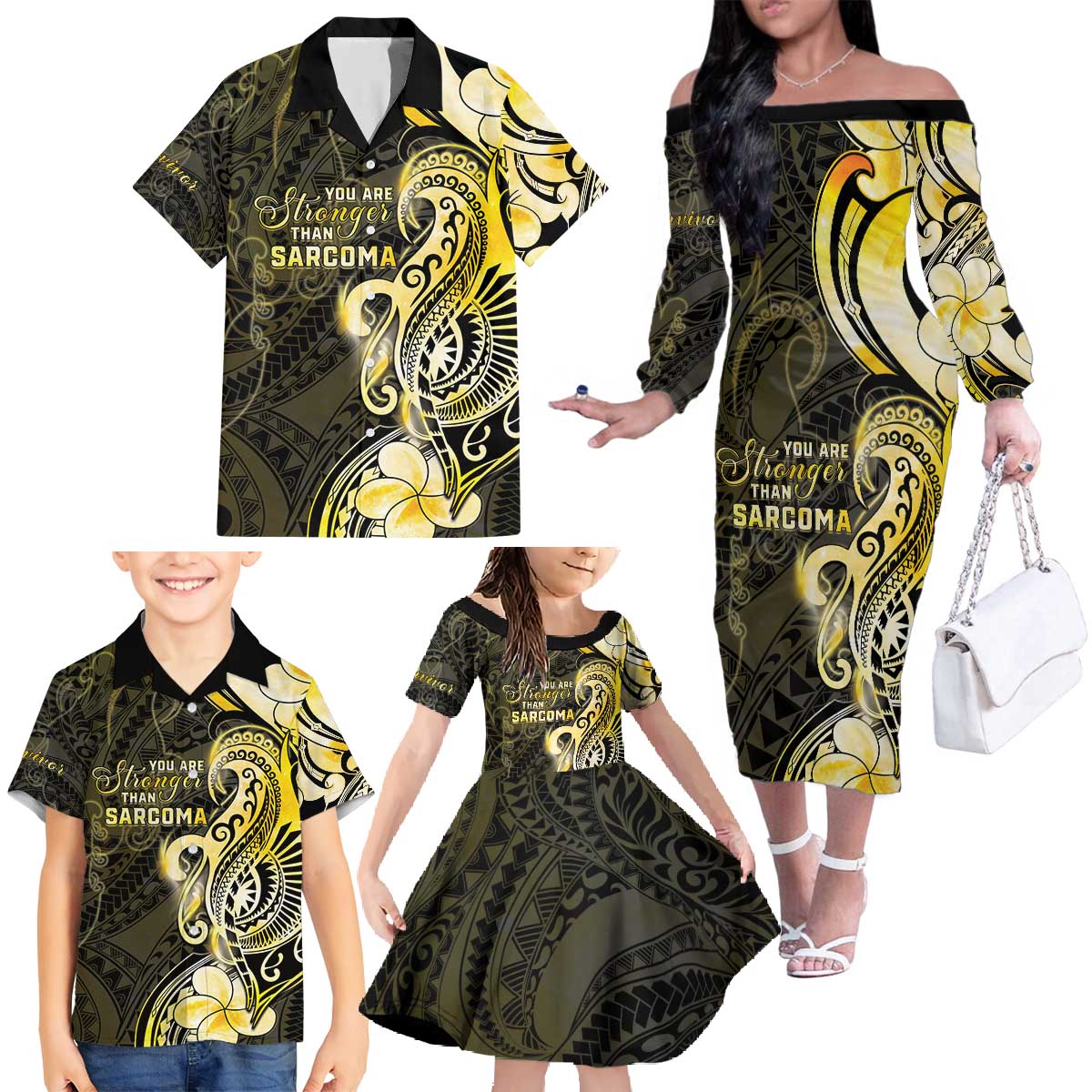 Sarcoma Awareness Family Matching Off The Shoulder Long Sleeve Dress and Hawaiian Shirt You Are Stronger Than Sarcoma