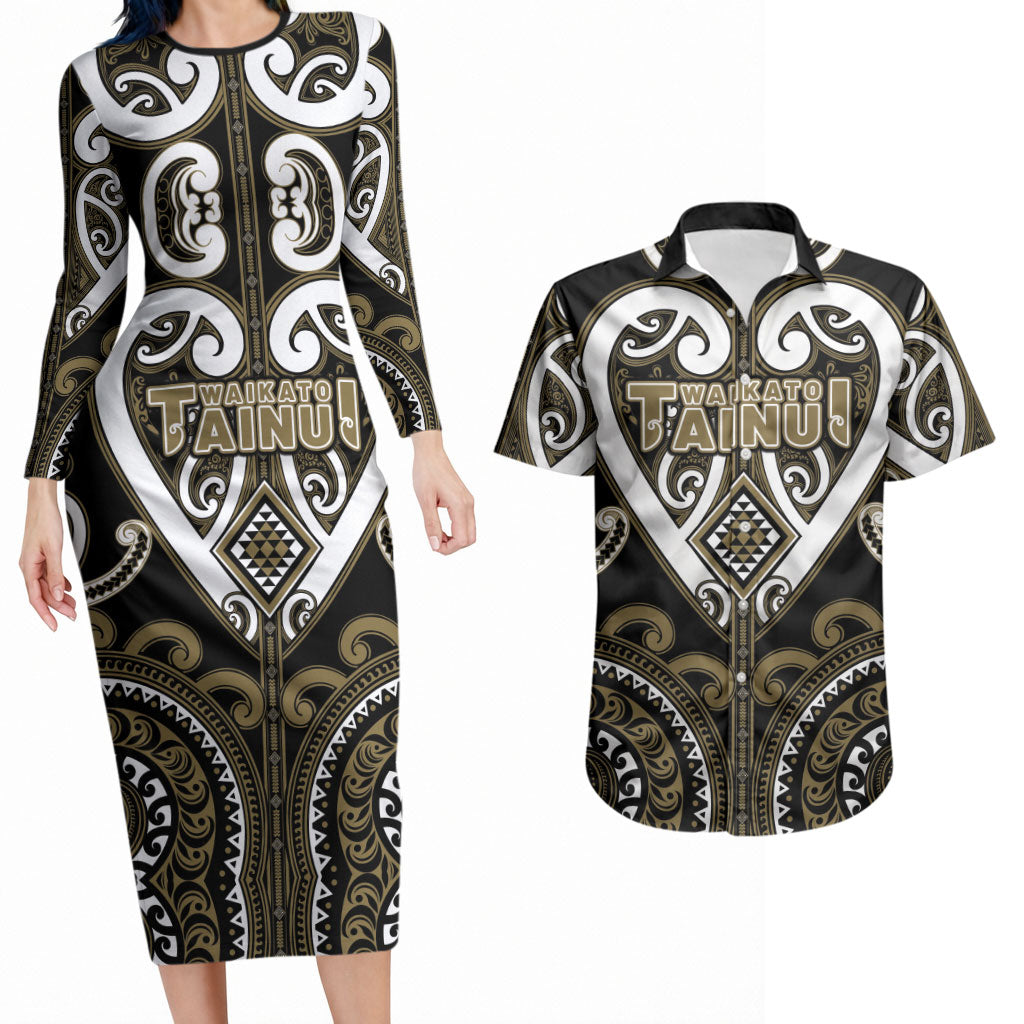 Custom Aotearoa Waikato Tainui Couples Matching Long Sleeve Bodycon Dress and Hawaiian Shirt Maori Tribal Pattern LT05 Dark Yellow - Polynesian Pride